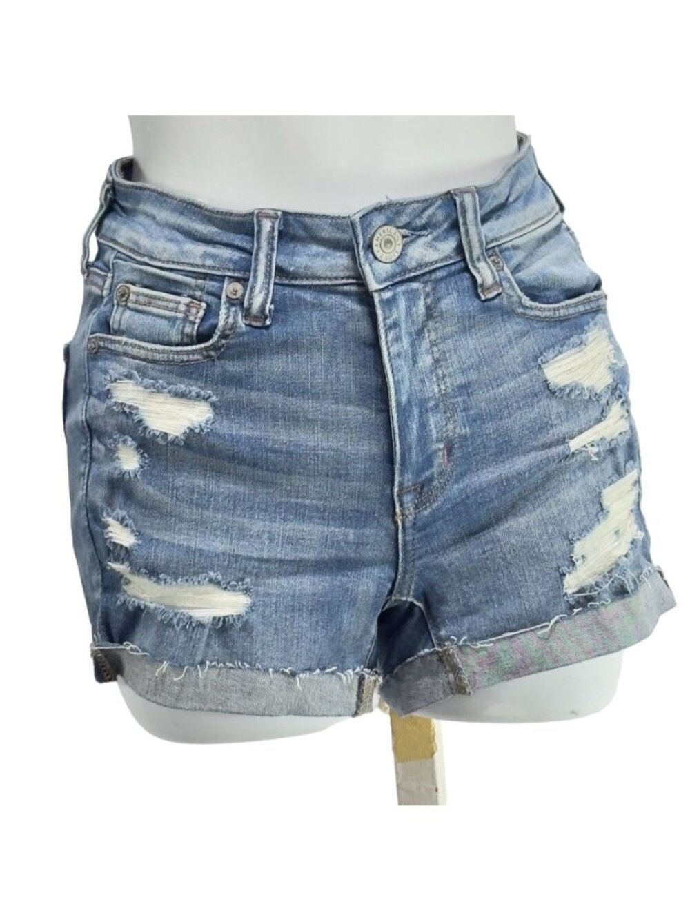 AMERICAN EAGLE Women's Distressed Cotton Denim Shorts Blue Stretch Size 0